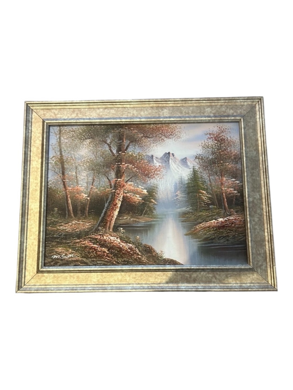 Vintage M Scott Signed Oil Painting Mountain Landscape Forest Waterfall Framed